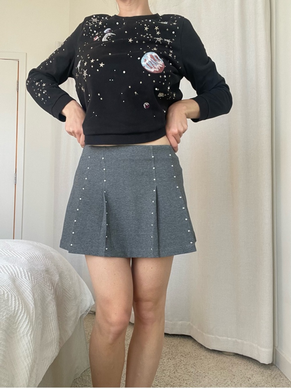 Mango Gray Pleated Mini Skirt with Studs